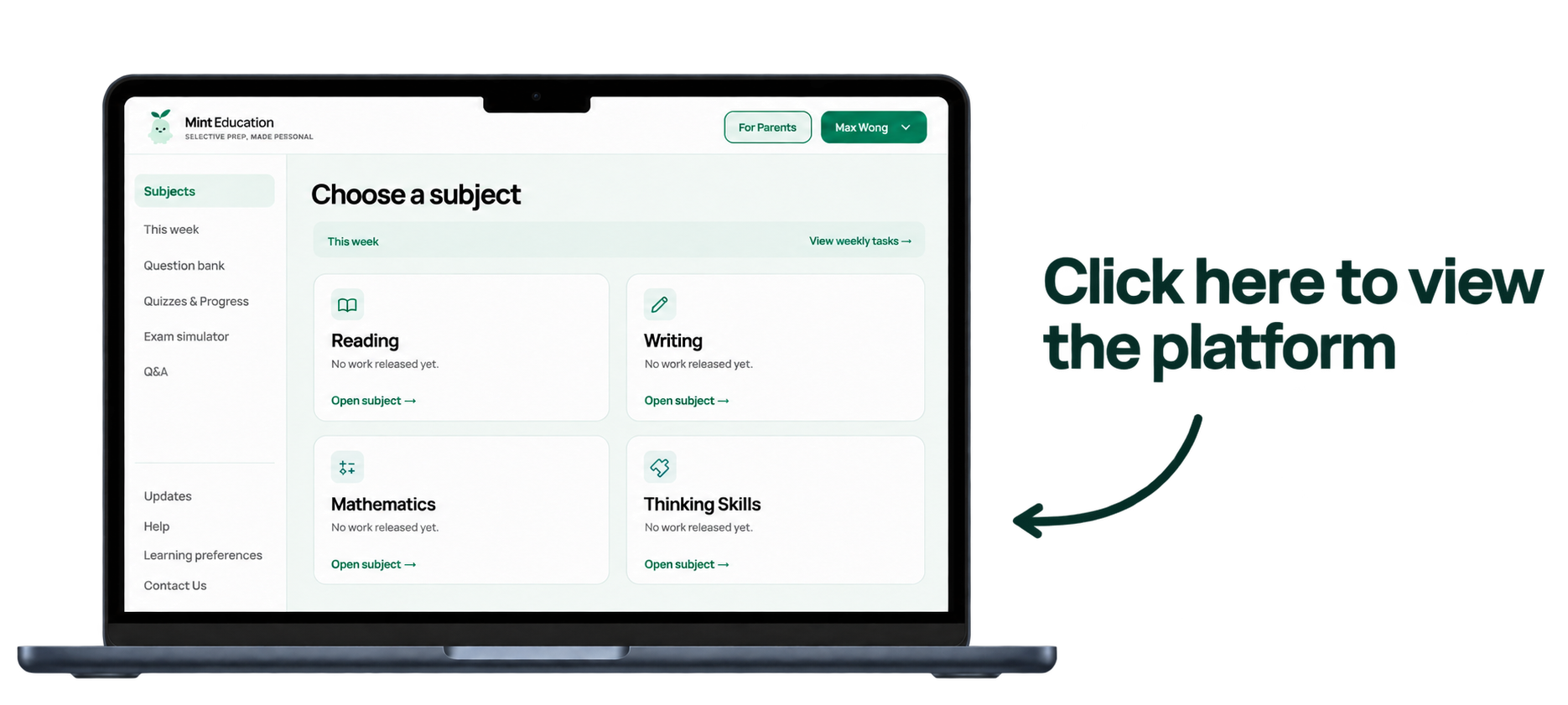Mint Education student portal showing Reading, Writing, Mathematics and Thinking Skills on a laptop.